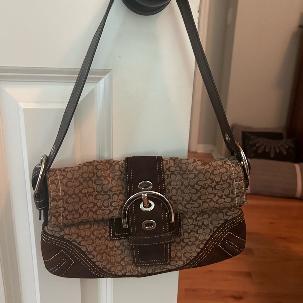 Vintage Coach Signature C’s Leather and Suede Trim Brown Canvas Shoulder Bag